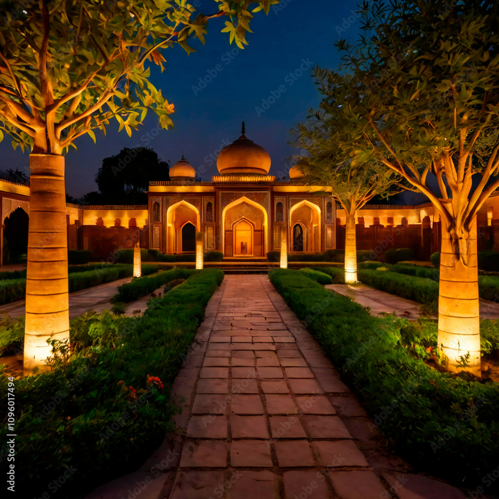 Fototapeta premium Evening Lights: A Mughal garden illuminated by evening lights, creating a magical ambiance.