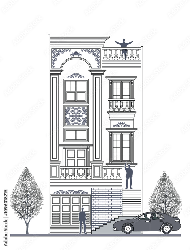 Fototapeta premium Facade of 3 storeys asymmetrical modern classic house with 2 doors, 4 windows, 2 columns, frame, stair, balustrade, canopy, crown, balcony, garage and its elements design.