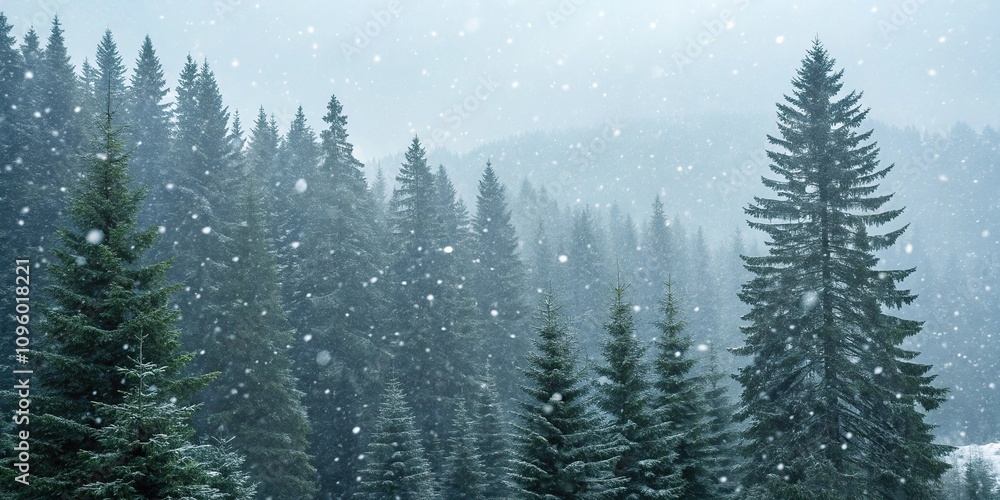 Fototapeta premium Dense snow-covered forest with tall evergreen trees and soft white snowflakes gently falling around them, frozen landscape, frosty morning, frosty trees, snowfall