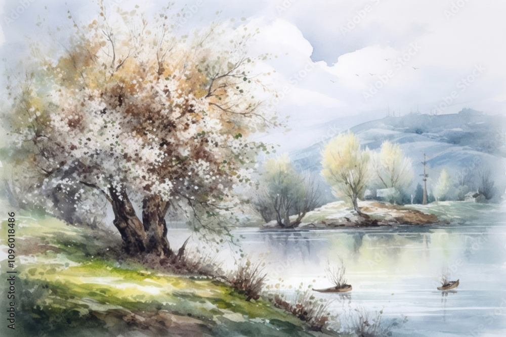blooming apple tree on the river, morning mist over the river., watercolor style, blooming apple tree on the river, morning mist over the river., watercolor style,