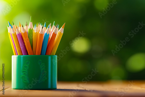 A cup of colored pencils sitting on top of a wooden table photo