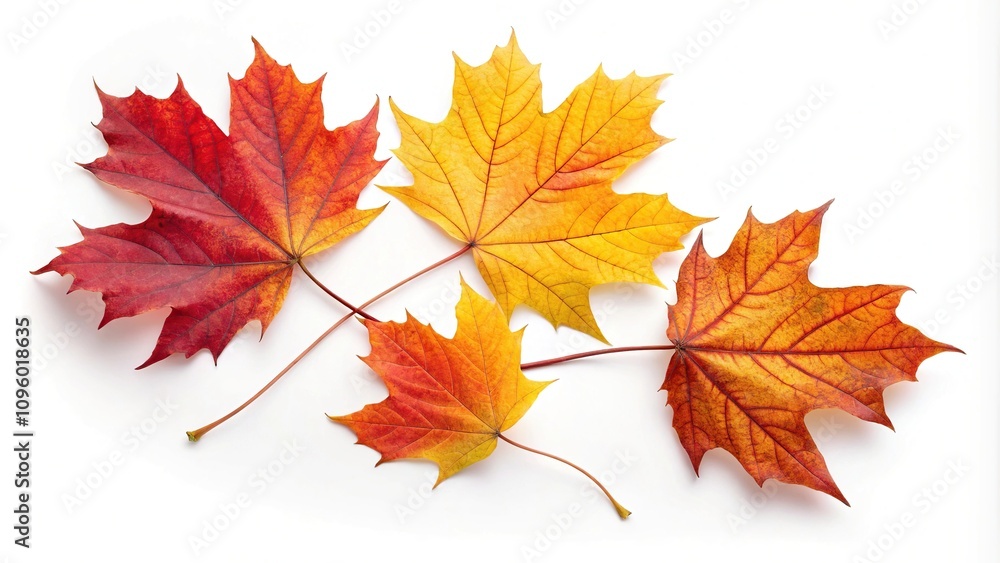 Display of colorful autumn leaves in a loose asymmetrical arrangement against a plain white background, geometric patterns, leafy greens, warm tones, red shades, autumn leaves Display of colorful autumn leaves in a loose asymmetrical arrangement against a plain white background, geometric patterns, leafy greens, warm tones, red shades, autumn leaves