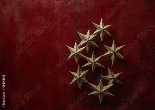 Rustic Wooden Stars Hanging Decor on a Deep Red Background, Perfect for Holiday and Seasonal Themes, Capturing Warmth and Nostalgia in a Cozy Setting
