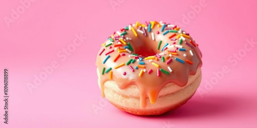 Donut with multicolored sprinkles and a drizzle of sweet syrup on a bright pink background, donut, colorful