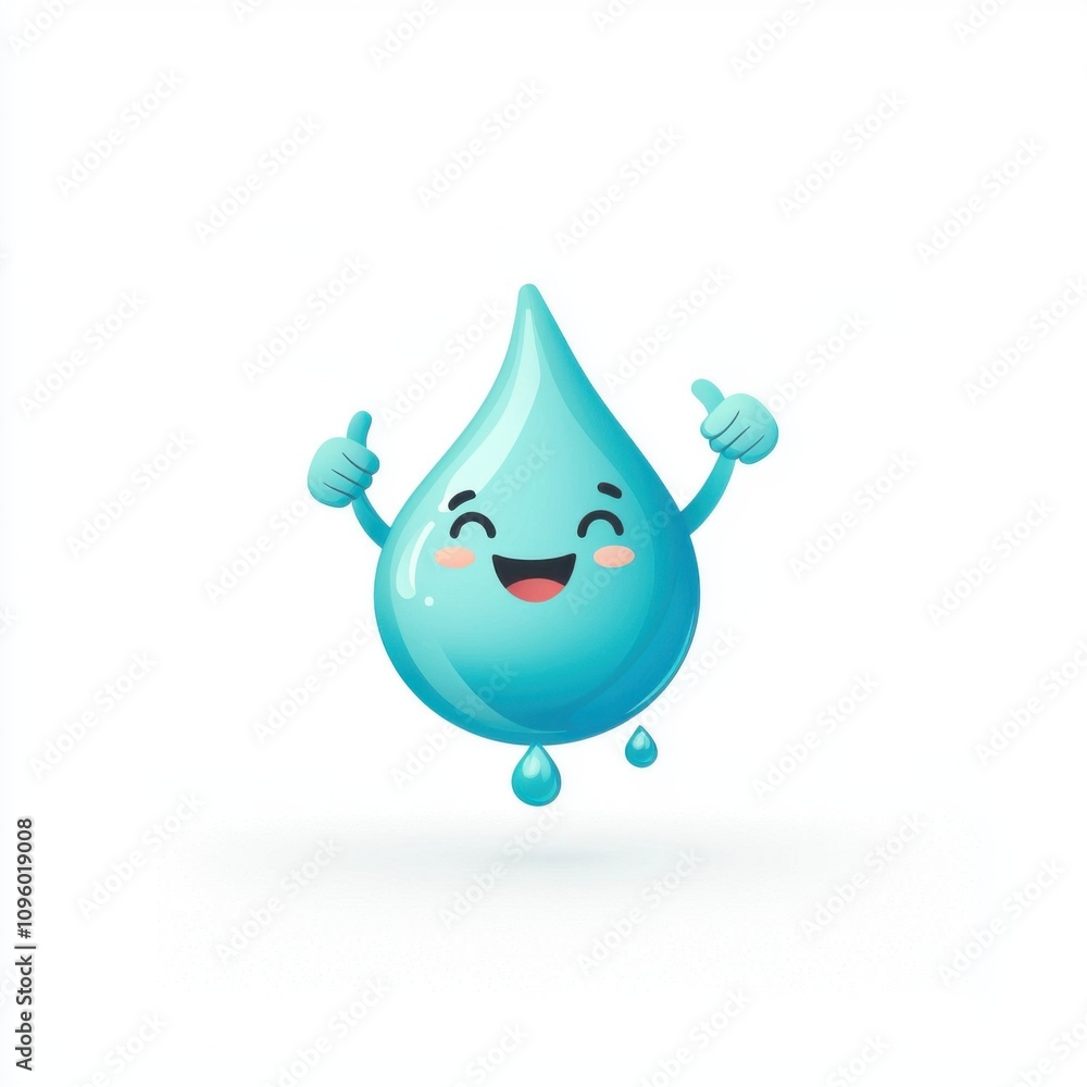 A cheerful, animated water droplet with arms and a smiling face, promoting positivity and hydration. A cheerful, animated water droplet with arms and a smiling face, promoting positivity and hydration.