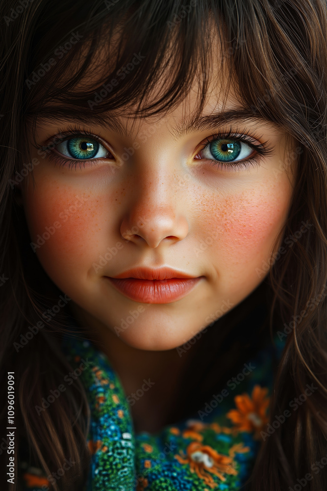 A close up of a young girl with blue eyes A close up of a young girl with blue eyes