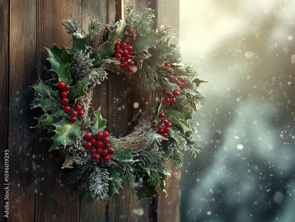 Rustic Christmas wreath with holly berries and pine cones hanging on a wooden door. Rustic Christmas wreath with holly berries and pine cones hanging on a wooden door.