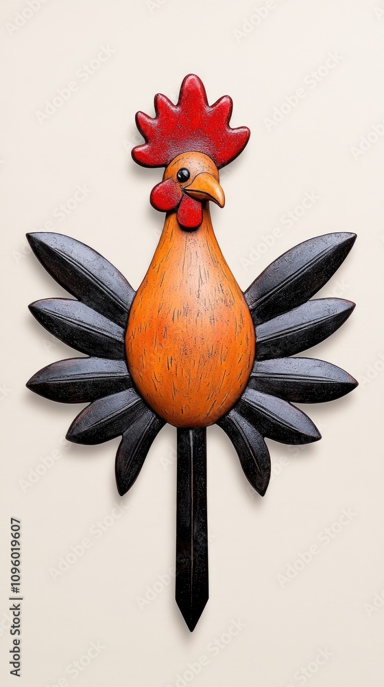 Fototapeta Colorful Wooden Rooster Wall Art with Black Feather Details on Cream Background for Home Decor and Rustic Interior Design