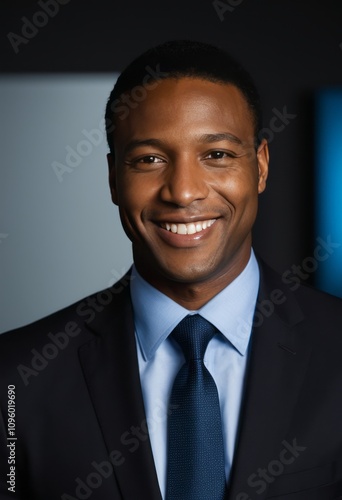 Professional headshot, African American man, warm genuine smile, dark blue suit, light blue shirt, navy tie, well-groomed, confident posture, studio lighting, corporate backdrop, polished appearance, 