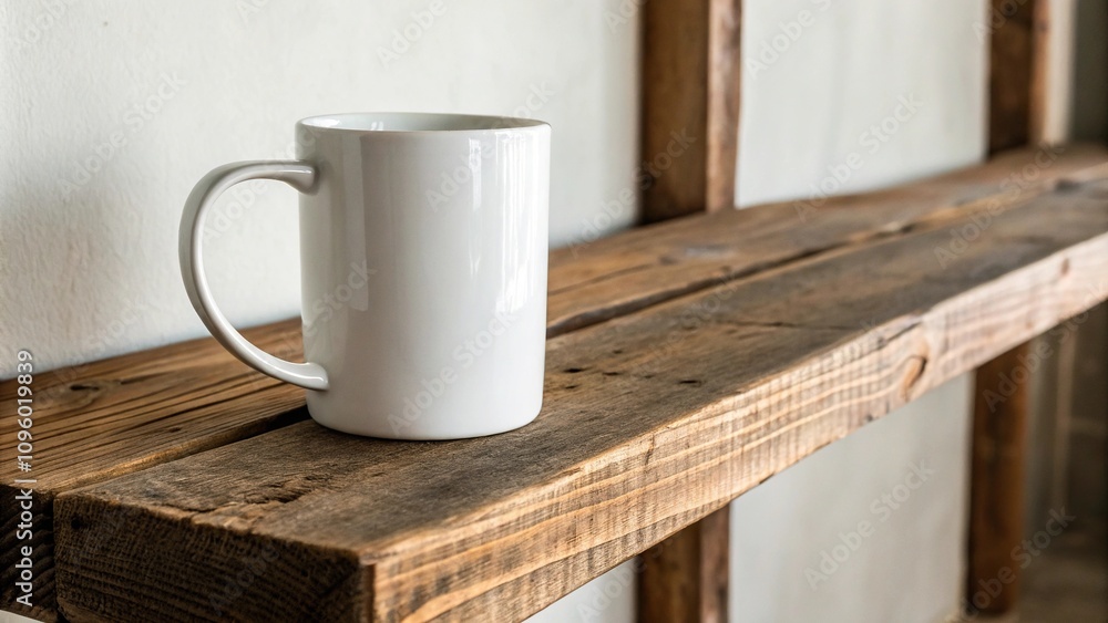 Empty white ceramic coffee mug on a rustic wooden shelf, rustic wooden shelf, wall shelves Empty white ceramic coffee mug on a rustic wooden shelf, rustic wooden shelf, wall shelves