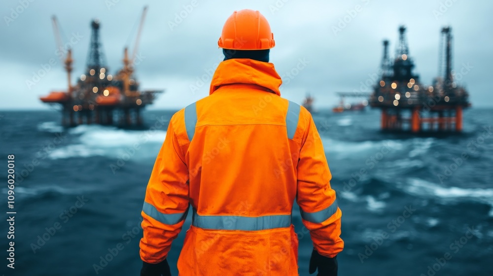 Oil Rig Worker: A lone worker in an orange jumpsuit and hard hat stands on a platform overlooking a vast, stormy ocean, with oil rigs in the distance.