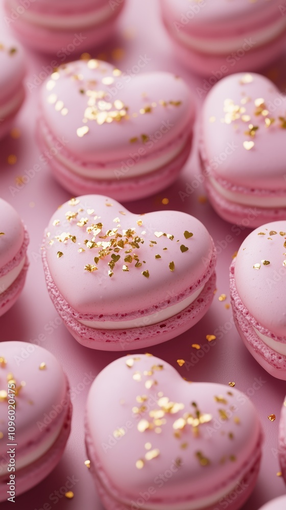 Romantic heart shaped pink macarons with gold glitter decoration for valentine's day Romantic heart shaped pink macarons with gold glitter decoration for valentine's day