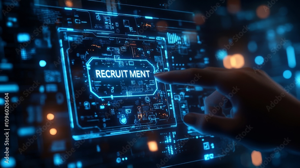 Digital technology and online job search concept with a human touch on a virtual screen or interface. recruitment in screen Digital technology and online job search concept with a human touch on a virtual screen or interface. recruitment in screen