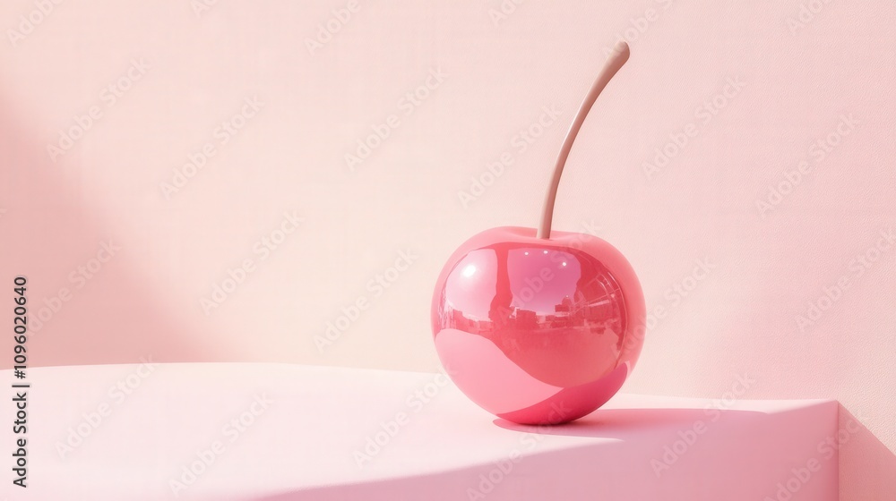 Obraz premium A Single Shiny Pink Cherry on Pink Background