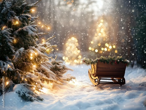 Snowy winter scene with Christmas trees, lights, and sleigh.