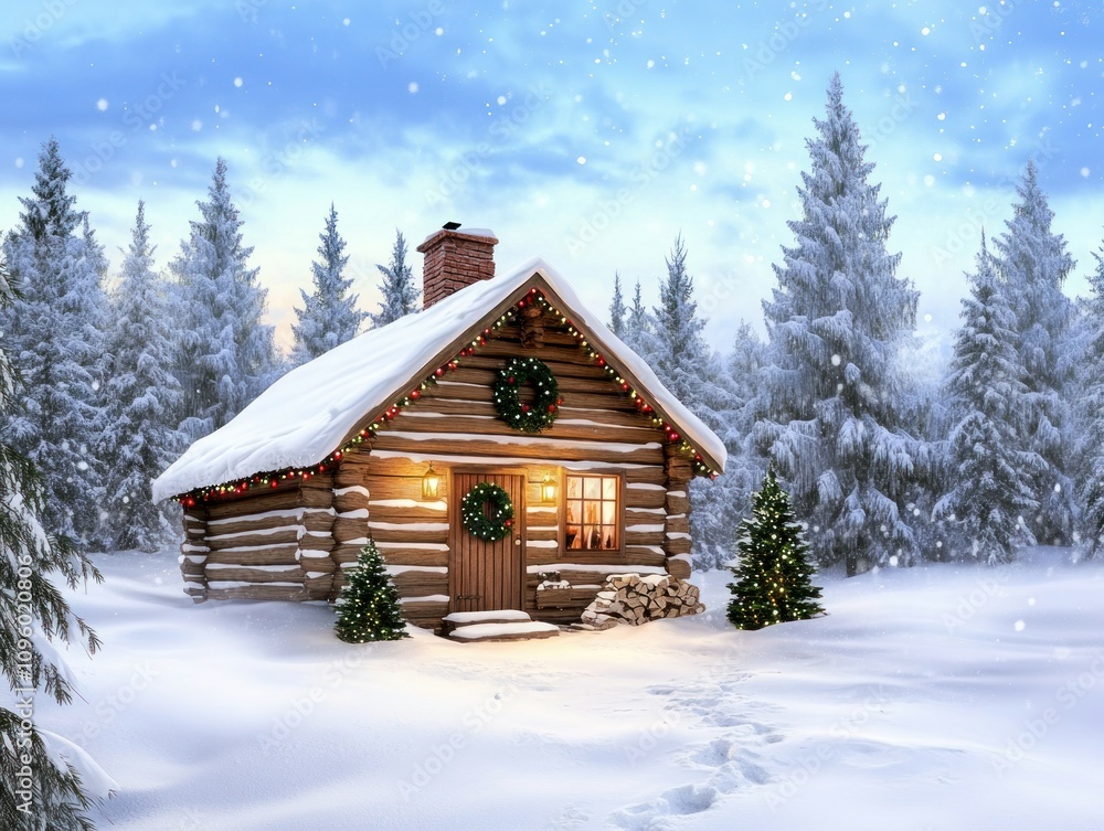 Cozy snow-covered log cabin in winter forest at dusk. Cozy snow-covered log cabin in winter forest at dusk.