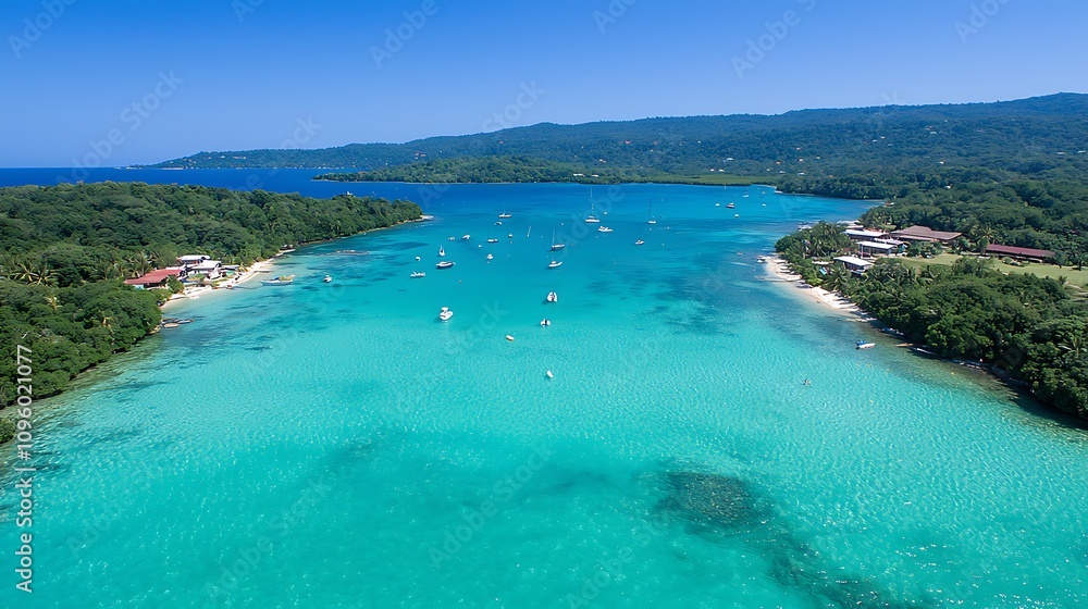 Serene Aerial View of a Tropical Paradise with Clear Turquoise Waters, Lush Greenery, and Boats Anchored in a Calm Bay, Perfect for Vacation Inspiration or Travel Promotions Serene Aerial View of a Tropical Paradise with Clear Turquoise Waters, Lush Greenery, and Boats Anchored in a Calm Bay, Perfect for Vacation Inspiration or Travel Promotions