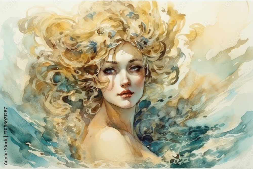 Watercolor painting of a beautiful mermaid with long hair in the sea Watercolor painting of a beautiful mermaid with long hair in the sea
