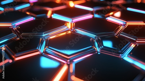 Abstract metallic hexagonal tiles with glowing LED edges in cyan and orange