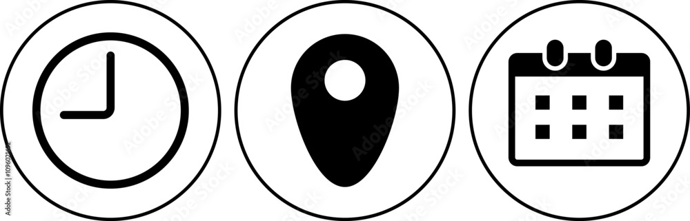 time location calender icon set. clock sign. location pin signs. Calendar icon symbol time location calender icon set. clock sign. location pin signs. Calendar icon symbol