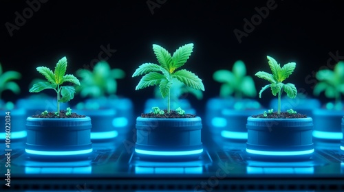 Neon Greens: Futuristic Hydroponic Farming. Rows of vibrant green plants thrive under glowing neon blue lights in a technologically advanced hydroponic system. photo