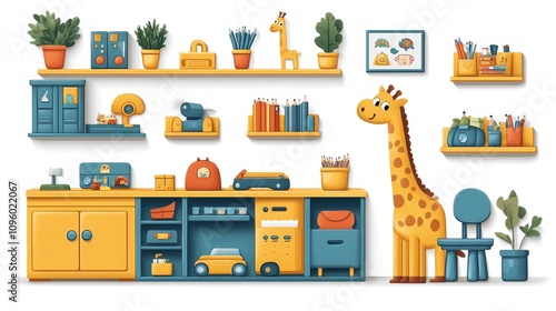 Colorful Children's Playroom with Toys and Decor Featuring Giraffe Theme and Modern Storage Solutions for Creative and Fun Environment