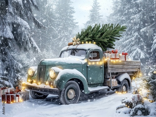 Vintage truck carrying Christmas tree and gifts in snowy forest.