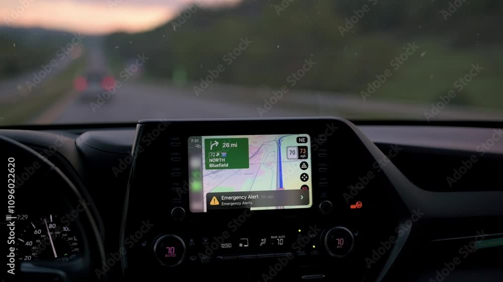 View of car dashboard showing GPS navigation system during highway drive at dusk, highlighting travel and technology in action. car dashboard showing GPS navigation dashboard showing GPS navigation View of car dashboard showing GPS navigation system during highway drive at dusk, highlighting travel and technology in action. car dashboard showing GPS navigation dashboard showing GPS navigation