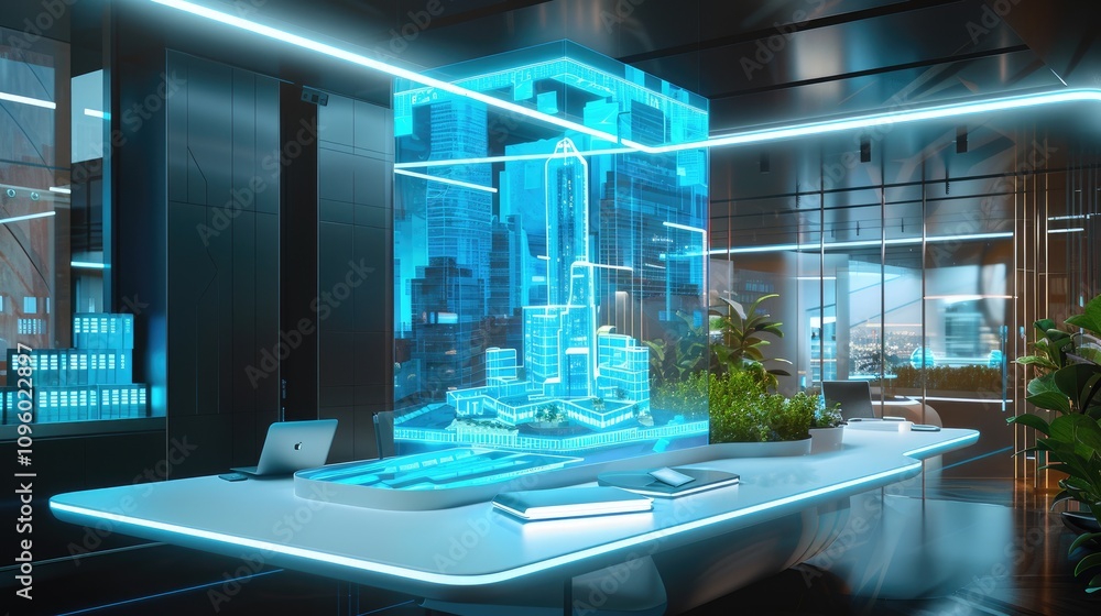 A futuristic office with a holographic display of the merged company's new headquarters 32k A futuristic office with a holographic display of the merged company's new headquarters 32k