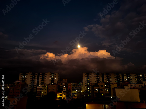 Orange light of setting sun illuminating the skyscrapers and high-rise buildings in Bangalore, India.