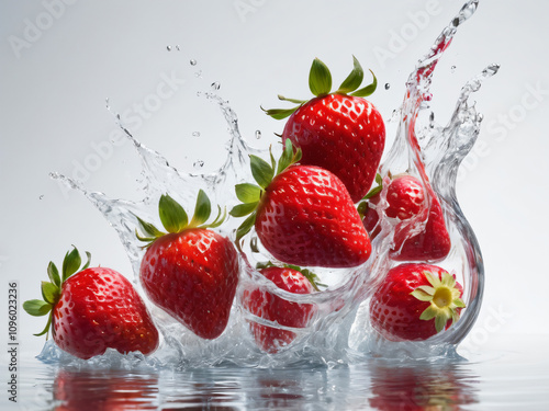 Strawberries suspended, splash ascends; an image of refreshment.