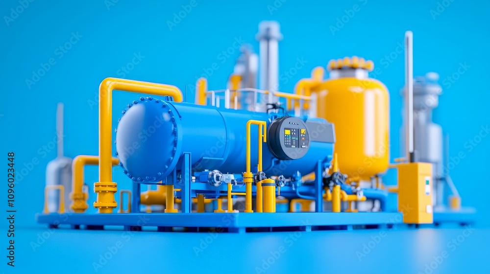 Industrial Process: A 3D rendering of a complex industrial process, showcasing intricate pipes, tanks, and machinery against a vibrant blue backdrop. Industrial Process: A 3D rendering of a complex industrial process, showcasing intricate pipes, tanks, and machinery against a vibrant blue backdrop.