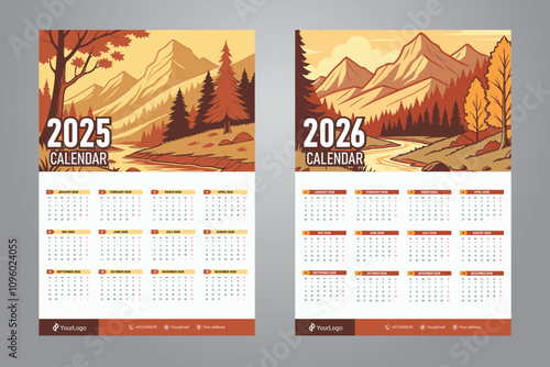 one page wall calendar design for 2025 and 2026 with scenery mountain background