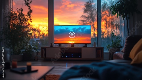 A cozy living room with a TV displaying a sunset scene, creating a warm atmosphere.