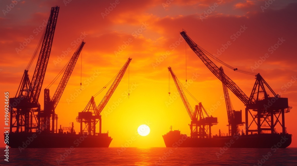 Golden Hour at the Docks: Cargo ships and industrial cranes are silhouetted against a vibrant sunset, creating a dramatic and evocative image of global trade and industry. Golden Hour at the Docks: Cargo ships and industrial cranes are silhouetted against a vibrant sunset, creating a dramatic and evocative image of global trade and industry.