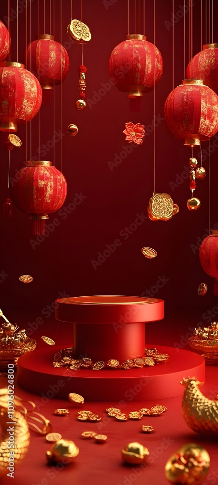 A festive, red podium surrounded by lanterns, lucky charms, and gold symbols, with a clear space in front to place a product. A festive, red podium surrounded by lanterns, lucky charms, and gold symbols, with a clear space in front to place a product.