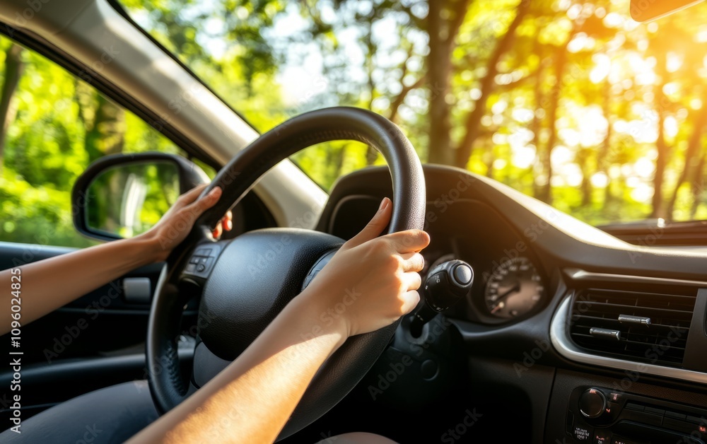 Car drivers keep their hands on the wheel, road trips, highway driving Car drivers keep their hands on the wheel, road trips, highway driving