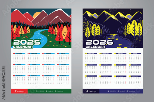 one page wall calendar design for 2025 and 2026 with pop art abstract mountain background