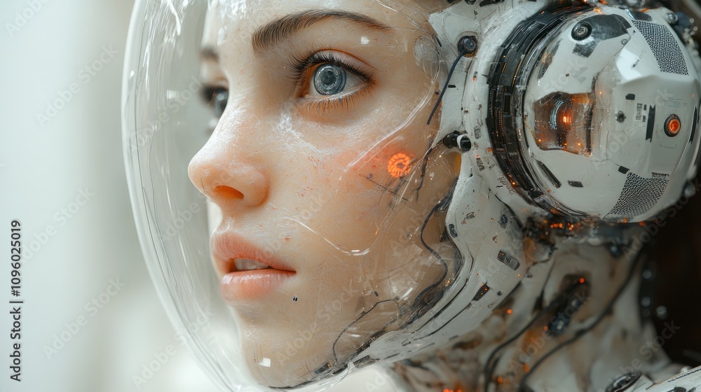 A futuristic humanoid figure with robotic features and a transparent helmet. A futuristic humanoid figure with robotic features and a transparent helmet.