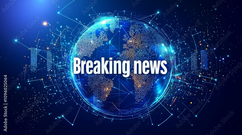 Breaking news in modern background with globe icon in blue background, illustrating digital media and mobile news consumption. Breaking news in modern background with globe icon in blue background, illustrating digital media and mobile news consumption.