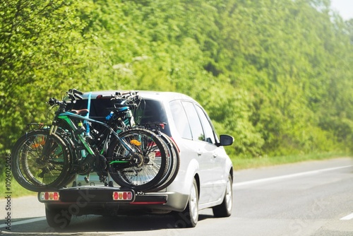 car with bicycles on the roof on a mountain road. Sports bikes mounted on the roof rack of the truck photo