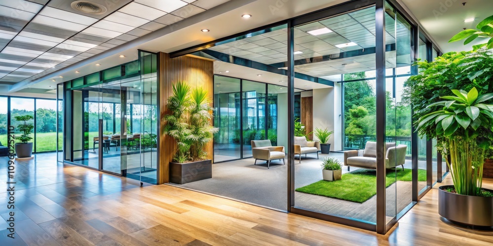 Sleek Modern Office Entrance with Glass Doors and Lush Greenery for Corporate and Business Themes Sleek Modern Office Entrance with Glass Doors and Lush Greenery for Corporate and Business Themes