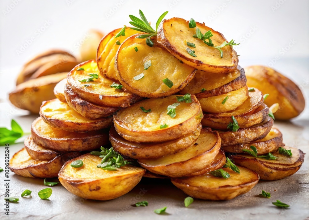 Slices of Roasted Potatoes Piled High on a White Background – Deliciously Golden, Crispy, and Mouthwatering Culinary Delight for Food Photography, Recipes, and Gastronomy Projects Slices of Roasted Potatoes Piled High on a White Background – Deliciously Golden, Crispy, and Mouthwatering Culinary Delight for Food Photography, Recipes, and Gastronomy Projects