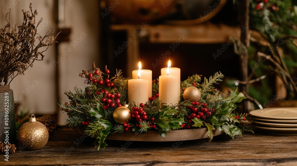 Traditional Christmas Advent wreath with glowing candles Traditional Christmas Advent wreath with glowing candles