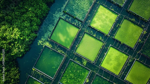 Algae farm ponds, green energy innovation, sustainable future, Net Zero photo