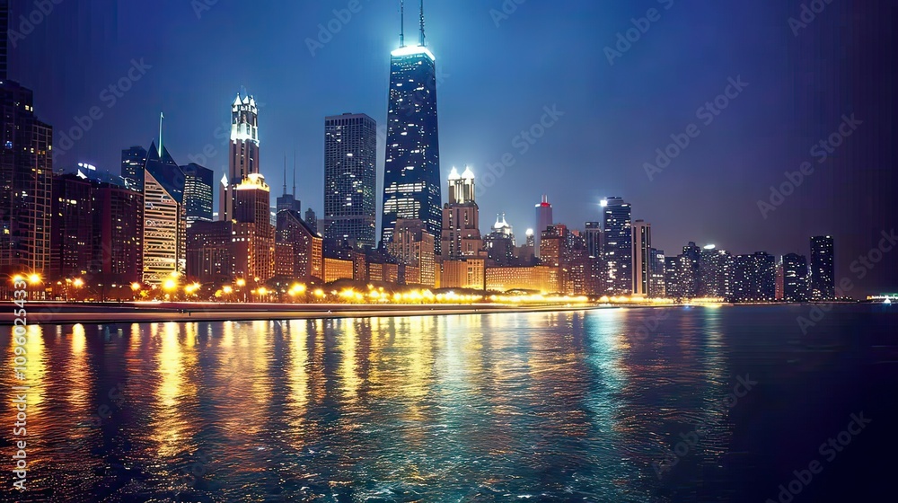 Obraz premium A city skyline with bright lights from skyscrapers during the nighttime.