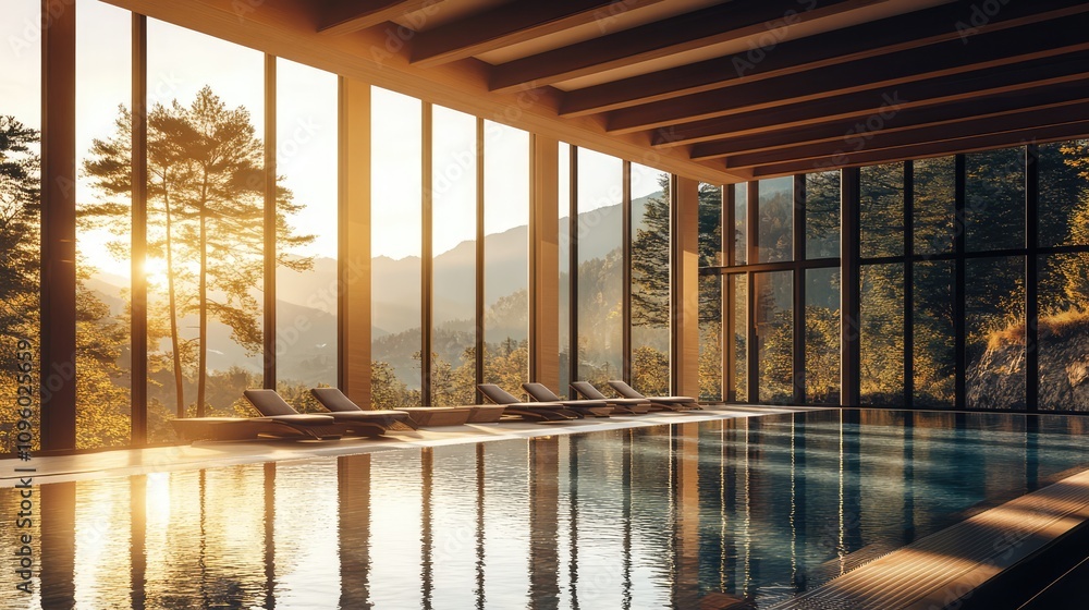 Fototapeta premium Beautiful Indoor Swimming Pool with Sun Loungers