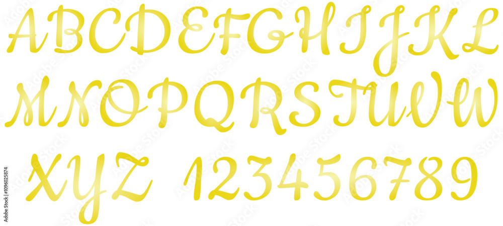 Gold font, full alphabet with digit numbers on white background Gold font, full alphabet with digit numbers on white background