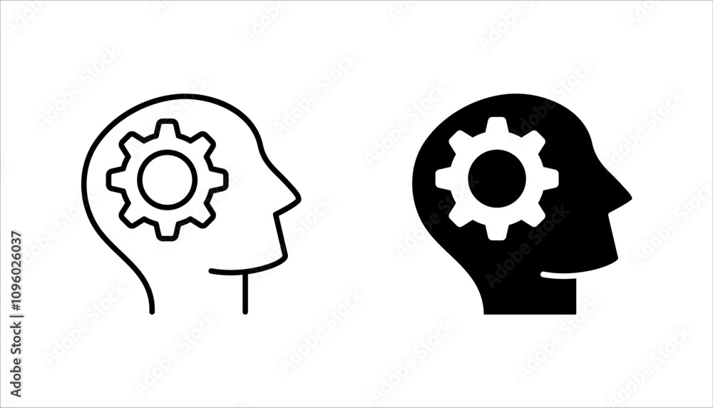 Human head with gear icon set. line concept of brainstorming process vector illustration on white background Human head with gear icon set. line concept of brainstorming process vector illustration on white background