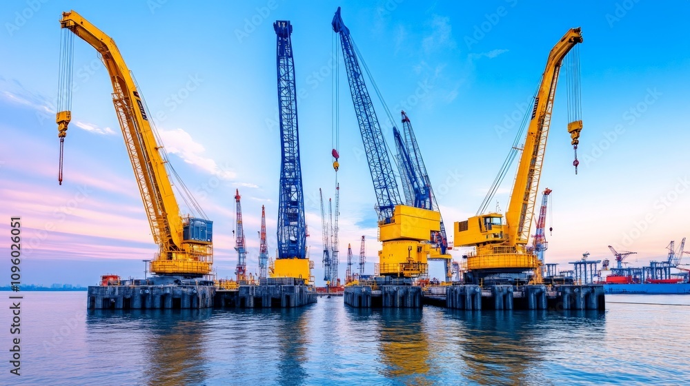 Harbor Cranes at Dusk: A mesmerizing view of powerful yellow and blue cranes silhouetted against a vibrant sunset sky. The industrial machinery stands poised at the edge of the water. Harbor Cranes at Dusk: A mesmerizing view of powerful yellow and blue cranes silhouetted against a vibrant sunset sky. The industrial machinery stands poised at the edge of the water.